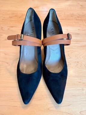 Anyi Lu Black Suede Pointed Mary Jane Pumps with Tan Straps